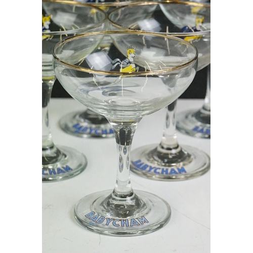 81 - Advertising - Set of eight Babycham glasses (11cm high), plus a bottle of Babycham (100ml - appears ... 