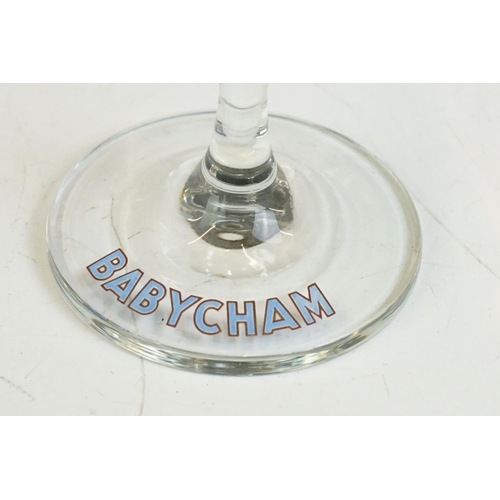 81 - Advertising - Set of eight Babycham glasses (11cm high), plus a bottle of Babycham (100ml - appears ... 