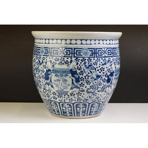 84 - Large Chinese blue & white jardiniere, decorated with figures and birds perched on blossoming branch... 