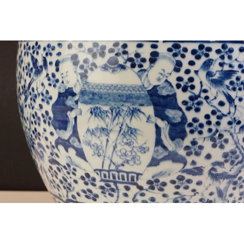 84 - Large Chinese blue & white jardiniere, decorated with figures and birds perched on blossoming branch... 