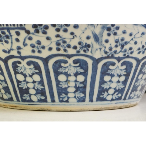 84 - Large Chinese blue & white jardiniere, decorated with figures and birds perched on blossoming branch... 