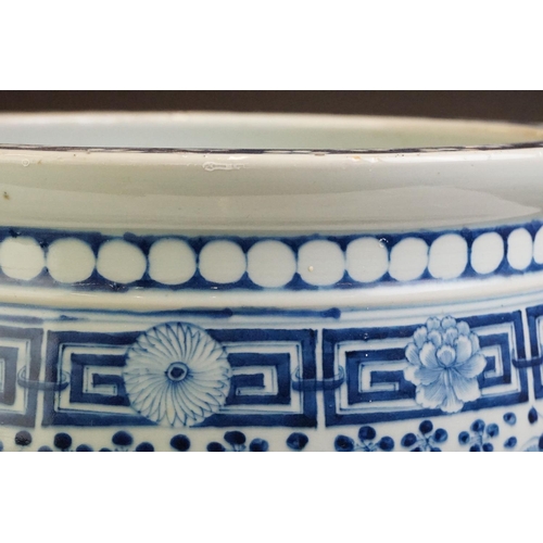 84 - Large Chinese blue & white jardiniere, decorated with figures and birds perched on blossoming branch... 