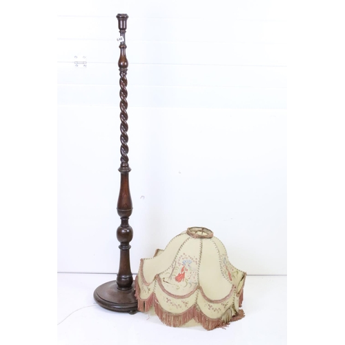 640 - Early 20th century Oak Standard Lamp with a Pig Skin Shade decorated with figures and with a frilled... 