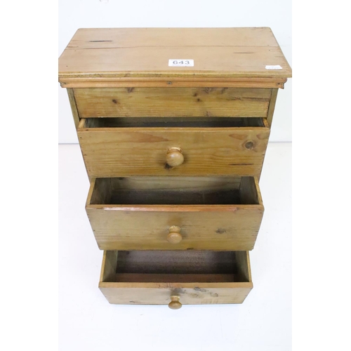 643 - Pine kitchen worktop chest of three drawers, 37cm wide x 54cm high