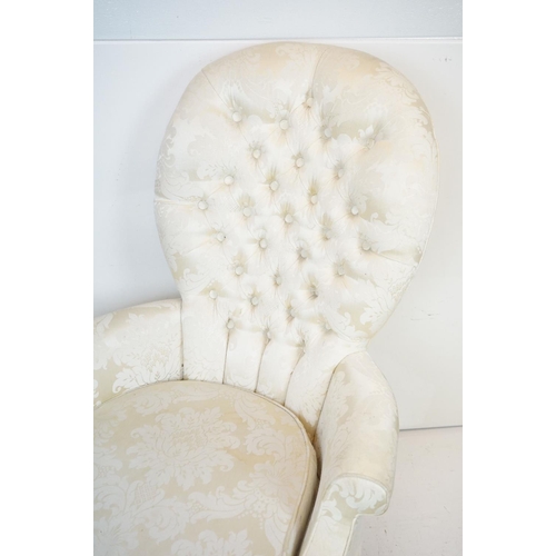 648 - Pair of Victorian style Button Back Armchairs upholstered in cream fabric, raised on front cabriole ... 