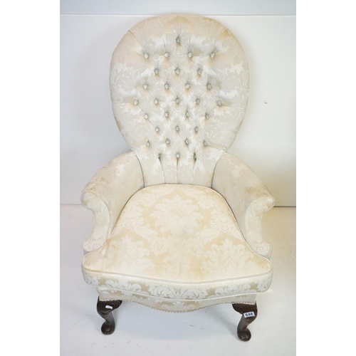 648 - Pair of Victorian style Button Back Armchairs upholstered in cream fabric, raised on front cabriole ... 