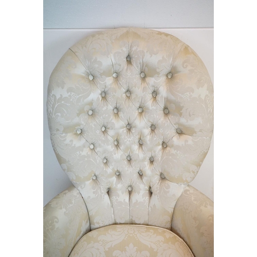 648 - Pair of Victorian style Button Back Armchairs upholstered in cream fabric, raised on front cabriole ... 