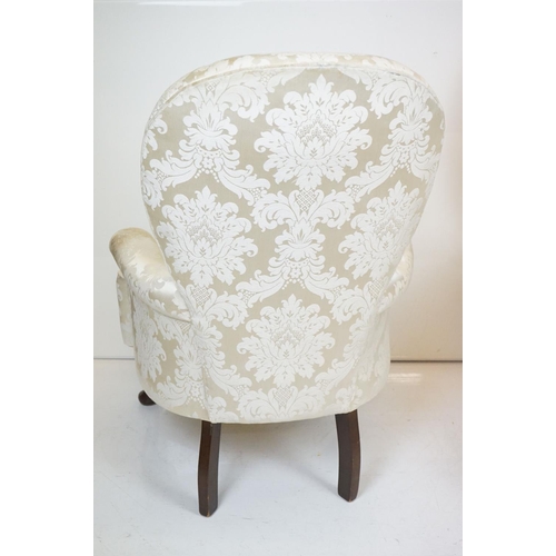 648 - Pair of Victorian style Button Back Armchairs upholstered in cream fabric, raised on front cabriole ... 