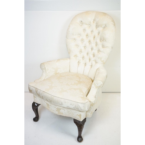 648 - Pair of Victorian style Button Back Armchairs upholstered in cream fabric, raised on front cabriole ... 