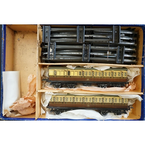 183 - Hornby O gauge Clockwork Passenger Train Set with Royal Scot locomotive, 2 x coaches and track, repl... 