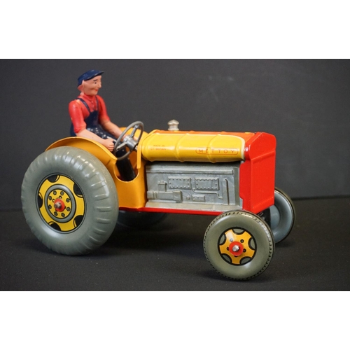 379 - Boxed Mettoy Mechanical Tractor and Trailer No 3262/76, tin plate in vg condition, box damp/mould we... 