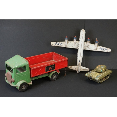 384 - Three play worn mid 20th C tin plate models to include Gama T99 Tank (missing a wheel), Western Germ... 