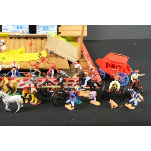 375 - Around 40 plastic figures, mainly Timpo Toys Wild West examples, featuring canoes, cowboys & mounted... 