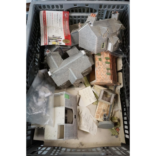 129 - Very large collection of OO gauge trackside accessories mainly including built card buildings, scene... 