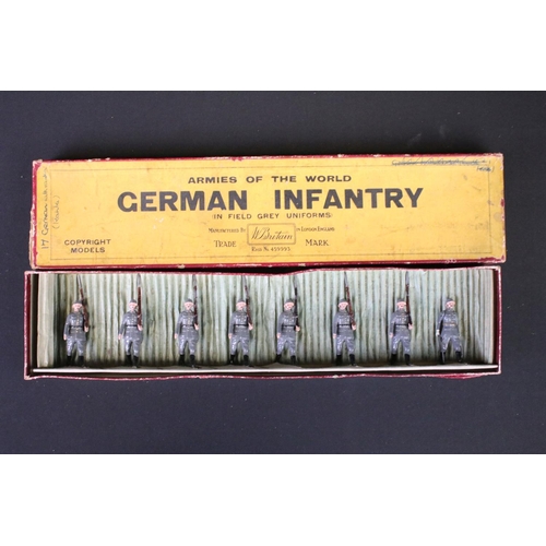 404 - Four boxed Britains military metal figure sets to include No. 432 German Infantry (in field grey uni... 