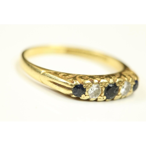 103 - Sapphire and diamond 18ct yellow gold five stone ring, small round mixed cut stones, claw set, scrol... 
