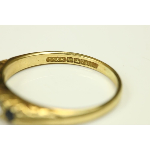 103 - Sapphire and diamond 18ct yellow gold five stone ring, small round mixed cut stones, claw set, scrol... 
