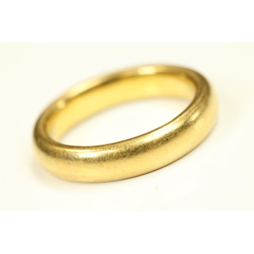 108 - 22ct yellow gold wedding band, plain polished D shape, band width approx 3.5mm, ring size I