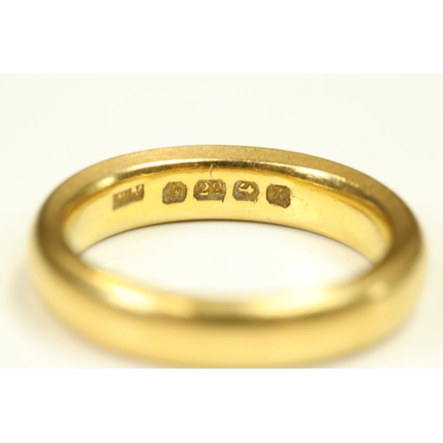 108 - 22ct yellow gold wedding band, plain polished D shape, band width approx 3.5mm, ring size I