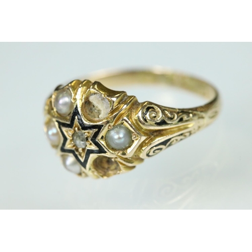 110 - 19th century diamond, pearl and enamelled 15ct yellow gold ring, small rose cut diamond to the centr... 
