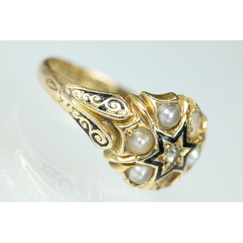 110 - 19th century diamond, pearl and enamelled 15ct yellow gold ring, small rose cut diamond to the centr... 