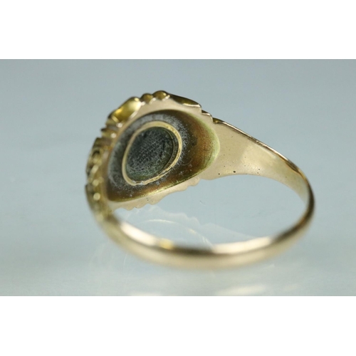 110 - 19th century diamond, pearl and enamelled 15ct yellow gold ring, small rose cut diamond to the centr... 
