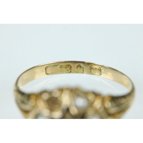 110 - 19th century diamond, pearl and enamelled 15ct yellow gold ring, small rose cut diamond to the centr... 