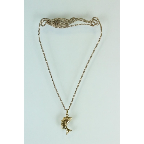113 - Yellow metal Nefertiti pendant, indistinct hallmarks, together with a 9ct rose metal chain, length a... 