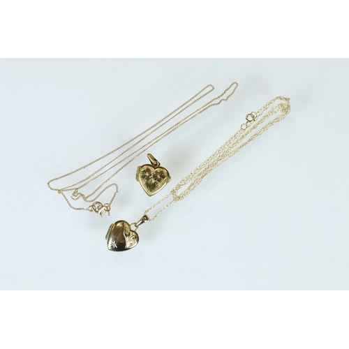 116 - 9ct yellow gold heart-shaped locket pendant, fine link 9ct chain; together with a 9ct gold front and... 