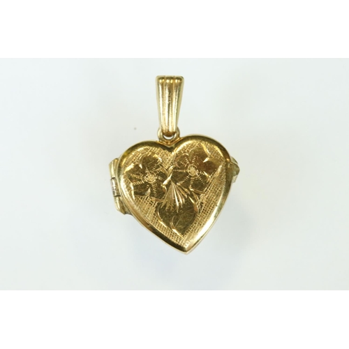 116 - 9ct yellow gold heart-shaped locket pendant, fine link 9ct chain; together with a 9ct gold front and... 