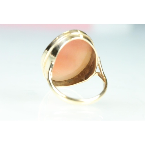 96 - Cameo 9ct yellow gold ring, rubover set, dimensions approx 26mm x 20mm, v shaped shoulders, ring siz... 