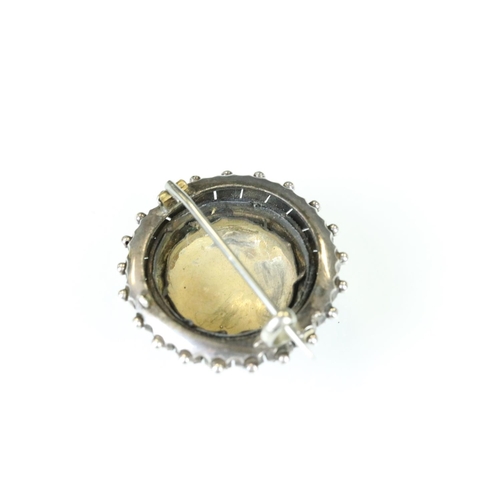 97 - 19th century blue lace agate unmarked silver brooch, the oval design with buckle detail and engraved... 