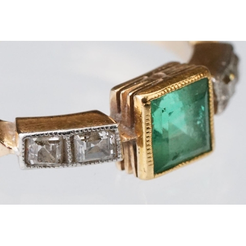 2 - Early 20th century emerald and diamond 18ct yellow gold and platinum set ring, the centre square ste... 