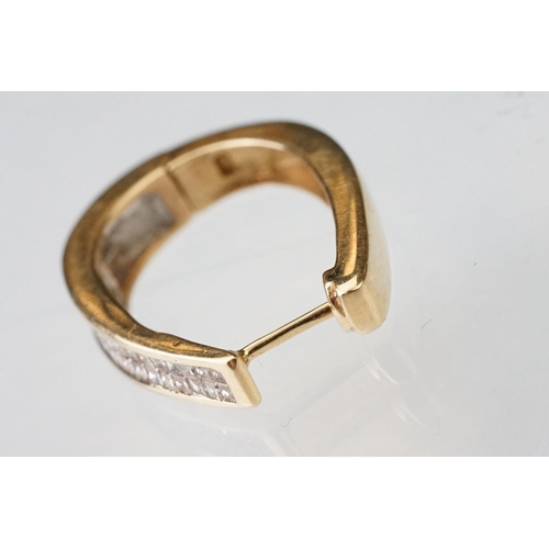 44 - Pair of diamond 14ct yellow gold elongated hoop earrings, two rows of a total of thirty-two square m... 