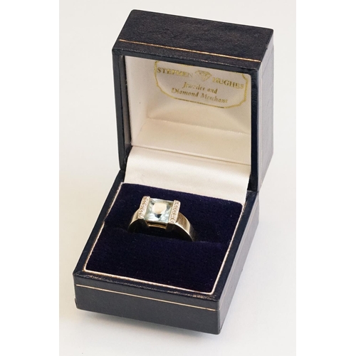 61 - Topaz and diamond 9ct yellow gold ring, the square mixed cut topaz measuring approx 7.5mm x 8mm, par... 