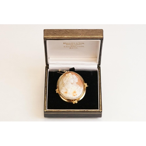 66 - 19th century shell cameo brooch depicting two female figures, yellow metal surround, hinged pin and ... 