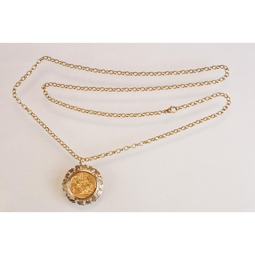 68 - Full sovereign coin pendant necklace, Queen Victoria 1888, cast foliate leaf 9ct gold surround, 9ct ... 