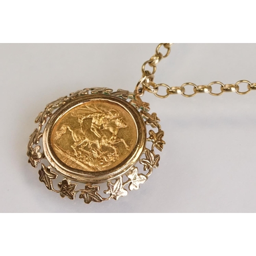 68 - Full sovereign coin pendant necklace, Queen Victoria 1888, cast foliate leaf 9ct gold surround, 9ct ... 