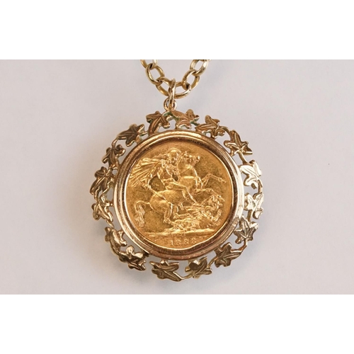 68 - Full sovereign coin pendant necklace, Queen Victoria 1888, cast foliate leaf 9ct gold surround, 9ct ... 