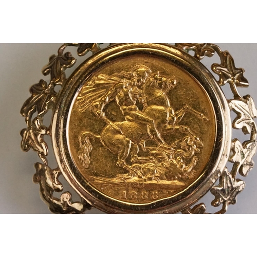 68 - Full sovereign coin pendant necklace, Queen Victoria 1888, cast foliate leaf 9ct gold surround, 9ct ... 