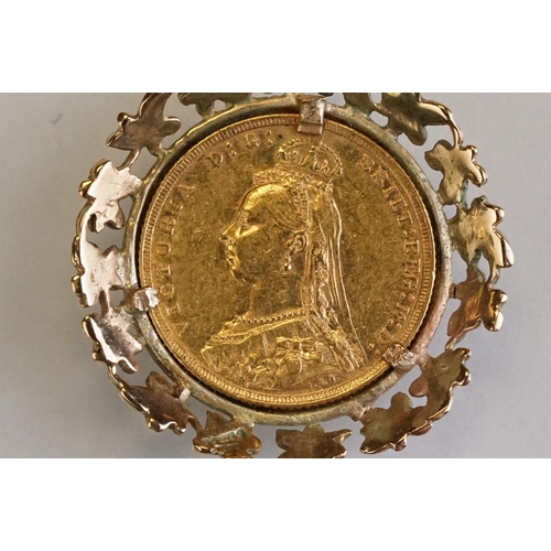 68 - Full sovereign coin pendant necklace, Queen Victoria 1888, cast foliate leaf 9ct gold surround, 9ct ... 