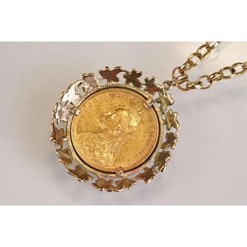 68 - Full sovereign coin pendant necklace, Queen Victoria 1888, cast foliate leaf 9ct gold surround, 9ct ... 