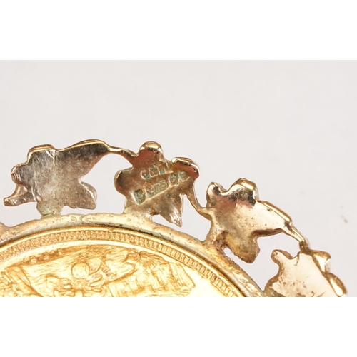 68 - Full sovereign coin pendant necklace, Queen Victoria 1888, cast foliate leaf 9ct gold surround, 9ct ... 