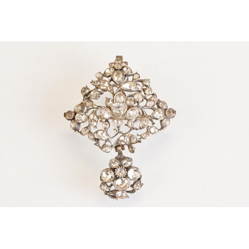 72 - Early 20th century paste set white metal 18th century style brooch, closed back settings, pendant dr... 