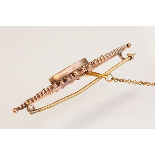 77 - 19th century pearl and hair yellow metal lace pin, the rectangular glazed panel to centre with plait... 