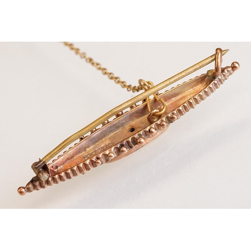 77 - 19th century pearl and hair yellow metal lace pin, the rectangular glazed panel to centre with plait... 