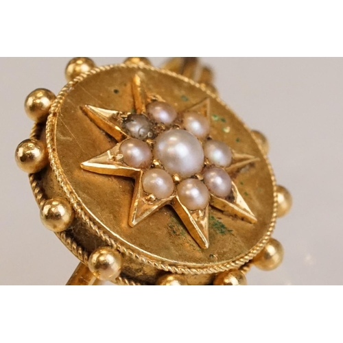 77 - 19th century pearl and hair yellow metal lace pin, the rectangular glazed panel to centre with plait... 