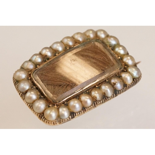 77 - 19th century pearl and hair yellow metal lace pin, the rectangular glazed panel to centre with plait... 