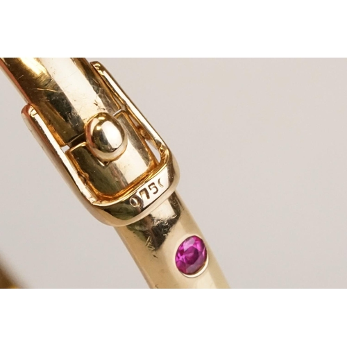 82 - Gem set 18ct yellow gold hinged bangle, pink, blue and yellow small round brilliant cut sapphires an... 