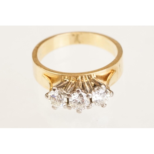 86 - Diamond three stone 18ct yellow and white gold set ring, three round brilliant cut diamonds, total d... 